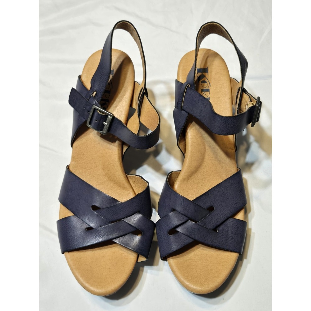 Korks Kork-ease Womens Blue Leather Wood Wedge Strappy Sandals Size 10M Feminine